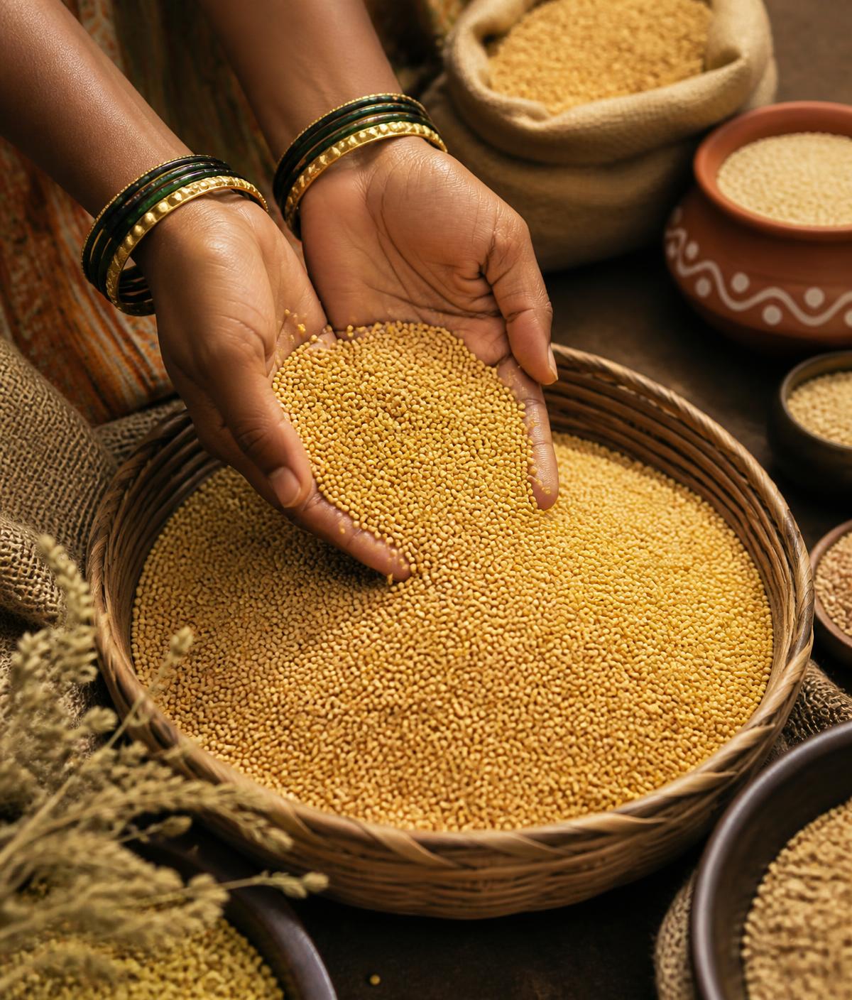 Hands holding golden millet grains over a woven basket with clay pots and jute sacks