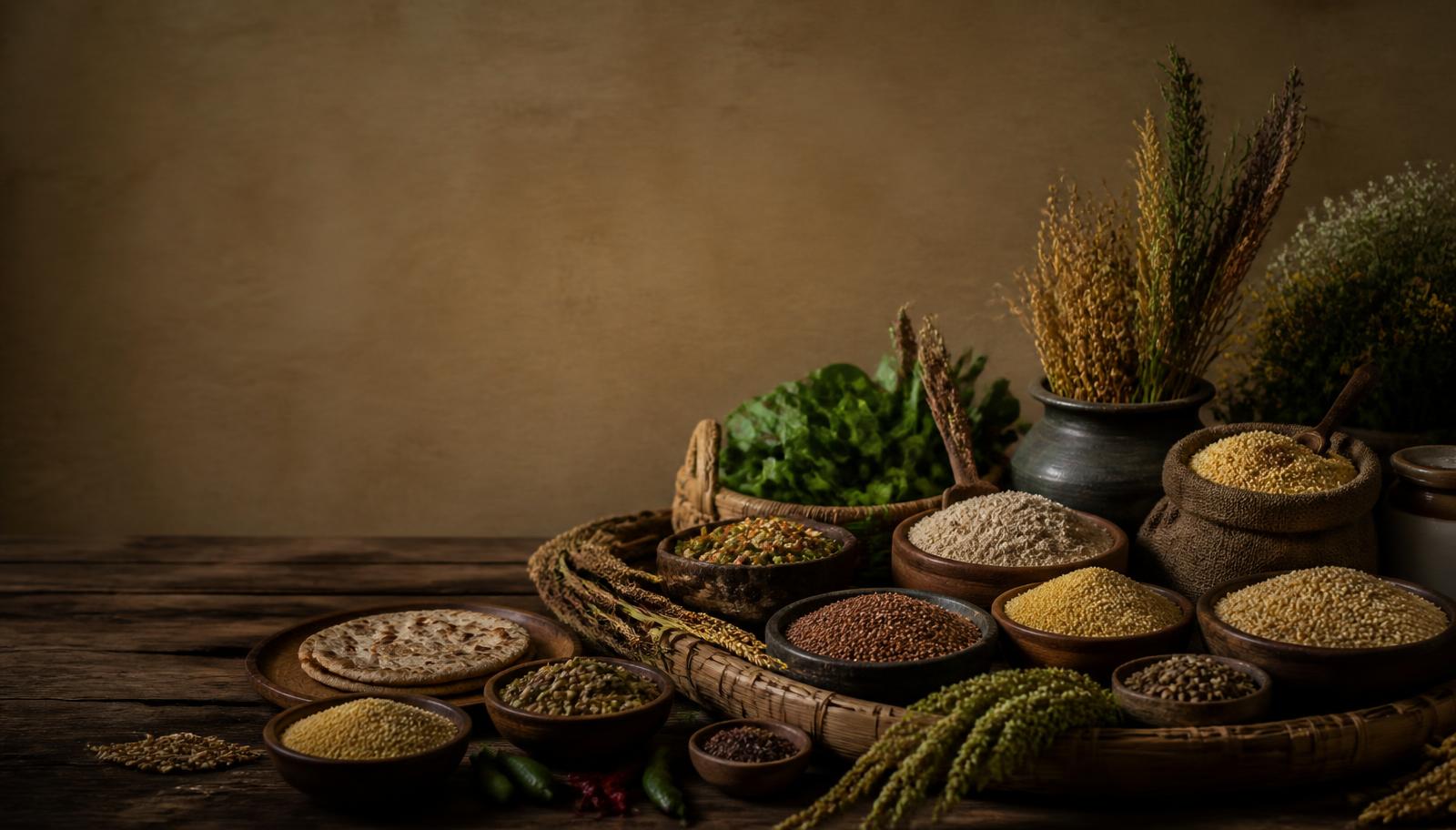 Rustic table of Indian millets, grains and natural foods