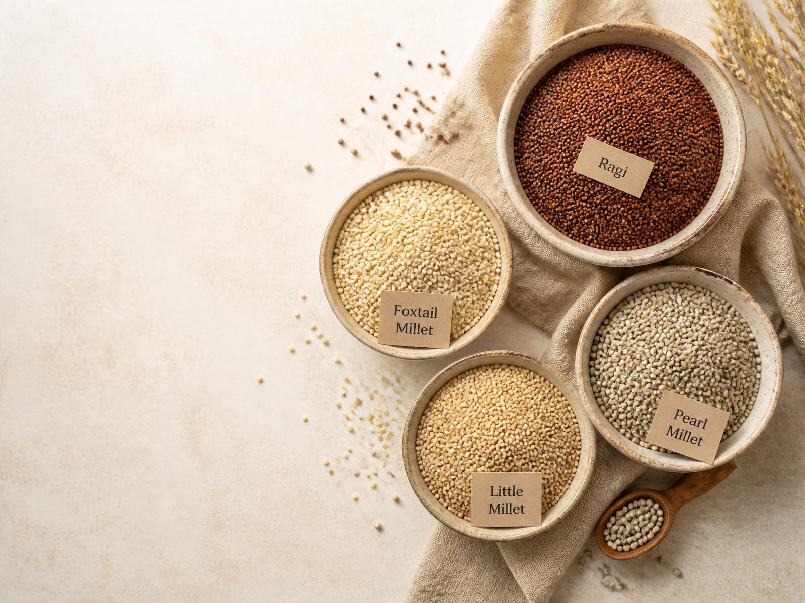 Bowls of ragi, foxtail millet, little millet and pearl millet on a warm ivory surface